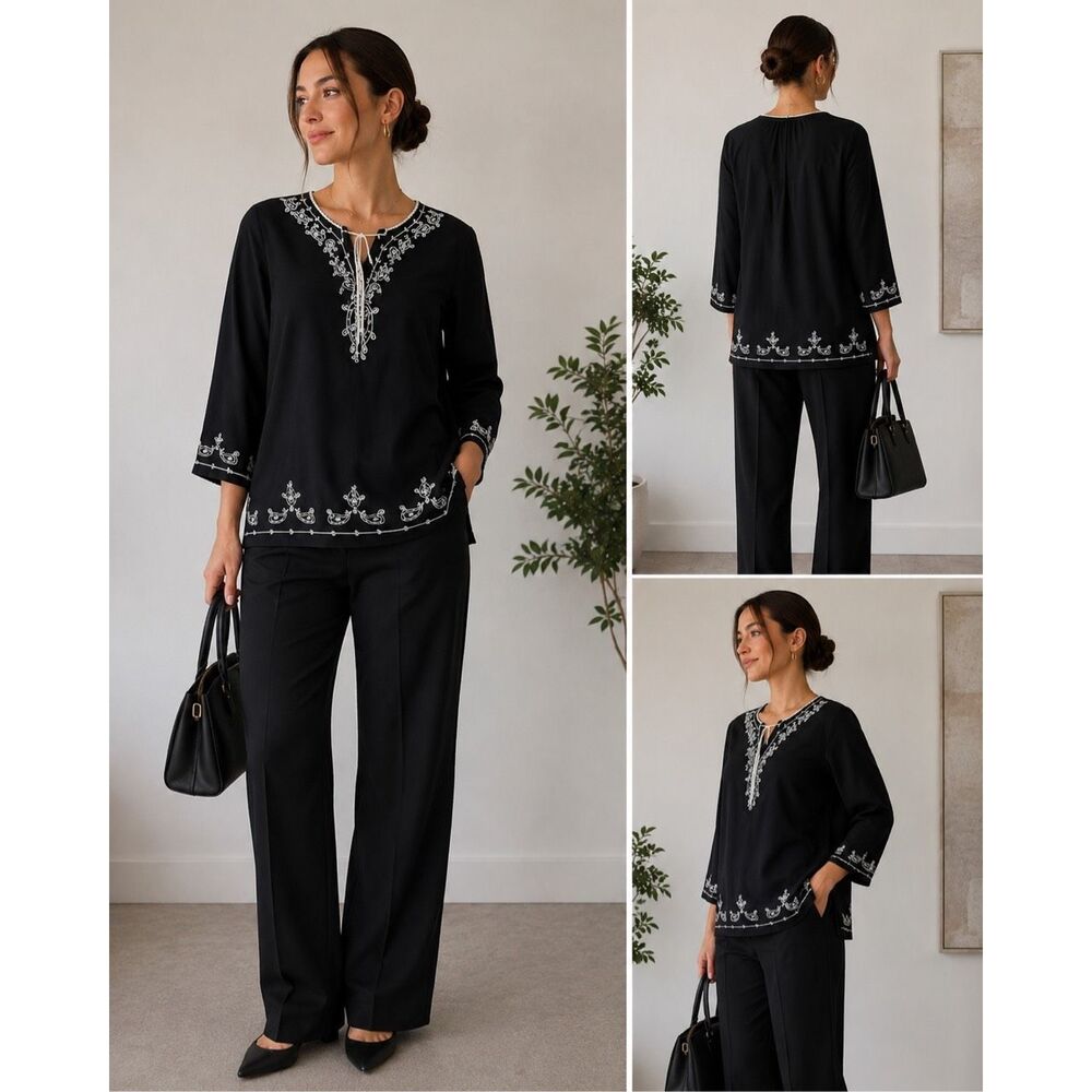 Kommotion NY Black Embroidered Cotton Peasant Blouse XL Boho Tunic Top India